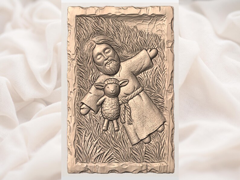 May include: A carved wooden relief showing a figure with a beard and long hair, lying down and embracing a lamb. The relief is set against a background of grass and framed by a textured border. The figure is wearing a robe.