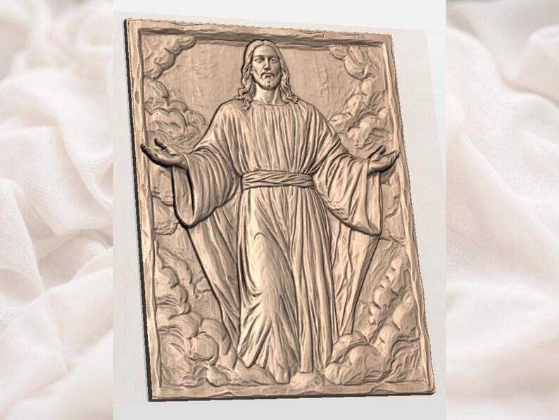 May include: A detailed relief carving of a figure with outstretched arms, wearing flowing robes and a sash. The figure is surrounded by cloud-like formations. The artwork is in a warm, neutral tone, suggesting a religious or spiritual theme.