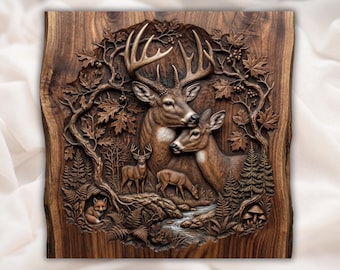 Relevo 3D de Veado-de-cauda-branca na Floresta em STL | Painel de Arte de Parede com Família de Veados na Floresta | Relevo de Veado, Corça e Filhote | Cabeça de Veado Troféu para Router CNC
