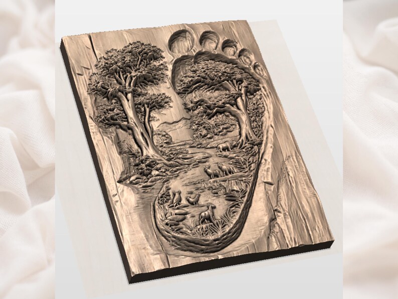 May include: A wooden carving in the shape of a foot, featuring a detailed landscape scene within the footprint. The scene includes trees, a river, and animals, all carved in a natural wood tone.