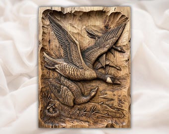 Canada Goose Relief STL | Waterfowl CNC 3D Carving Model | Flying Geese Lake Scene | Wood Grain Bas Relief Panel | Duck Hunting