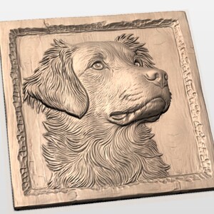 May include: A detailed, relief-style carving of a dog's head, set within a rectangular frame. The dog's fur is meticulously rendered, with a focus on the eyes, nose, and mouth. The piece is a warm, natural wood tone, suggesting a handcrafted item.