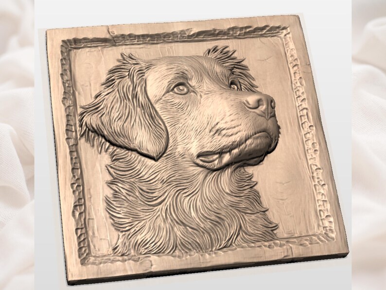 May include: A detailed, relief-style carving of a dog's head, set within a rectangular frame. The dog's fur is meticulously rendered, with a focus on the eyes, nose, and mouth. The piece is a warm, natural wood tone, suggesting a handcrafted item.