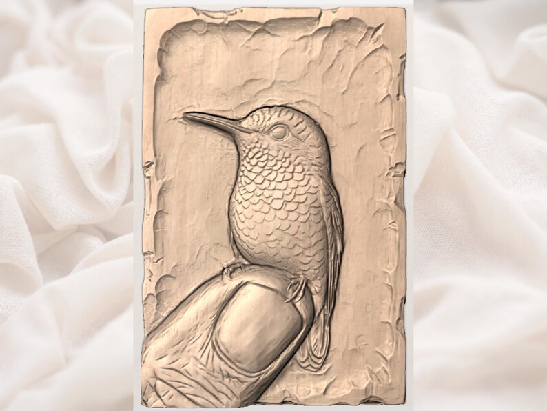 May include: A detailed relief carving of a hummingbird perched on a branch. The artwork is rendered in a warm, earthy tone, showcasing the bird's intricate feather details and long beak. The background has a textured, rustic appearance.