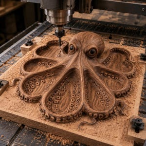 Può includere: Scultura in legno di un polpo intagliata da una macchina CNC. Il polpo ha tentacoli dettagliati con ventose e grandi occhi scuri. Il legno è marrone chiaro e la macchina è argentata e nera.