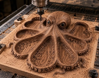 Octopus Tray STL File for CNC Router | Wooden Tray 3D Relief Model | Wooden Serving Tray Carving Design | Kitchen Decor Digital Download