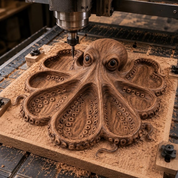 Octopus Tray STL File for CNC Router | Wooden Tray 3D Relief Model | Wooden Serving Tray Carving Design | Kitchen Decor Digital Download