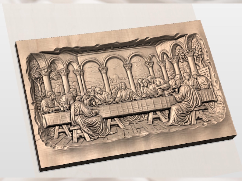 Puede incluir: Una talla de madera detallada que representa la &Uacute;ltima Cena. La talla en relieve muestra figuras sentadas alrededor de una larga mesa bajo una arquitectura arqueada. La obra de arte est&aacute; en tonos marrones y beige, con detalles intrincados.