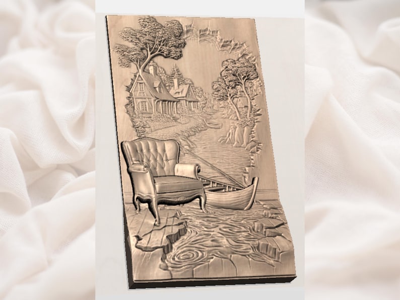 May include: A wooden relief carving depicting a serene landscape with a house, trees, a boat, and an armchair. The artwork is carved in a detailed, three-dimensional style, showcasing a tranquil scene with natural elements.