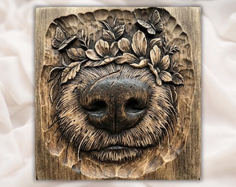 Hooglandkoeienneus 3D-reliëf STL | Houtsnijwerk CNC-frees | Bloemen muurkunstpaneel met schattige koeiensnuit met vlinders | Rustieke inrichting boerderij