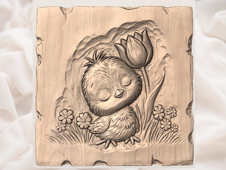 May include: A carved wooden plaque featuring a detailed relief of a cartoon chick nestled beside a tulip. The chick has closed eyes and is surrounded by flowers and grass. The wood has a natural, light brown color.