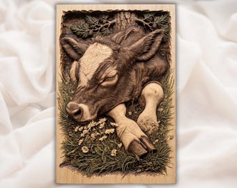 眠る子牛のレリーフ（STLファイル）｜素朴な農家風ウォールアート｜花柄の牧草地の子牛パネル｜手彫りの木目調カントリーデコレーション