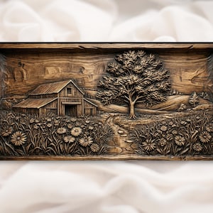 May include: A detailed wooden carving depicts a rural landscape. A barn sits in a field of flowers, with a large tree and a winding path. The artwork is framed in a dark wood, showcasing the intricate details of the carved scene.