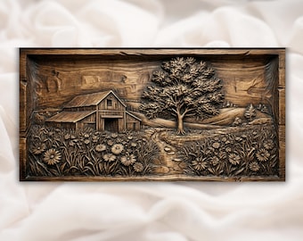 Farmhouse Landscape 3D Relief STL | CNC Router Wood Carving File | Rustic Barn Meadow Flowers Wall Art Panel | Country Scene Decor