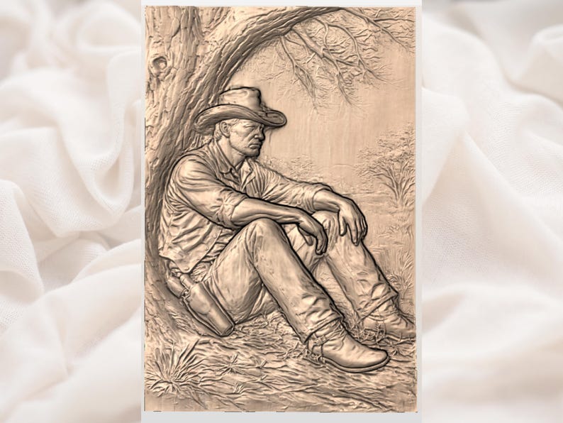 May include: A detailed relief carving depicts a cowboy seated under a tree. The cowboy wears a hat, shirt, jeans, and boots, with a holster and gun visible. The artwork is in shades of brown and beige, with a textured appearance.