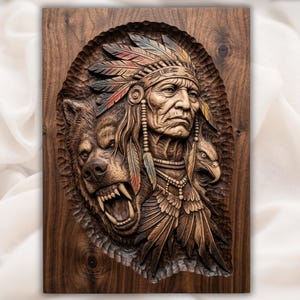 May include: A detailed wooden carving depicts a Native American chief with a bear and eagle. The chief wears a feathered headdress and beaded necklace. The bear has bared teeth. The carving is set on a rectangular wooden panel.