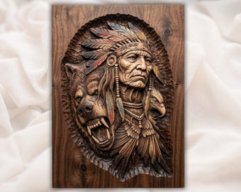 Tribal Chief STL | Bear Eagle Relief | Rustic Lodge Wall Decor | Feather Headdress Artwork | Wood Carving Design | Spirit Animal Plaque