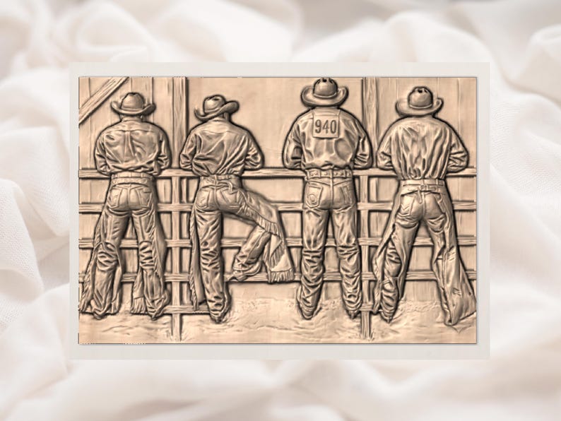 May include: A bronze-colored relief sculpture depicting four cowboys in hats and jeans, leaning against a wooden fence. One cowboy has the number 940 on his back. The artwork captures a moment of anticipation.
