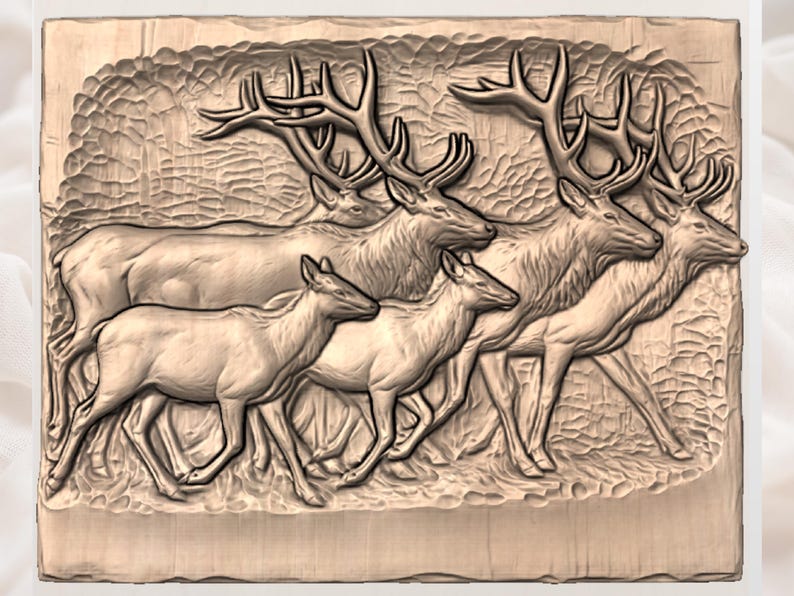 May include: A detailed wood carving depicts a herd of deer, including several bucks with large antlers and smaller does. The relief carving is in shades of brown, showcasing the animals in a naturalistic setting. The artwork is mounted on a wooden panel.