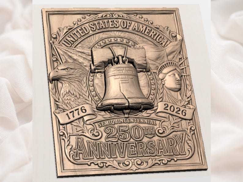 Detailed bas-relief wood carving on a dark walnut plaque. Centrally features the Liberty Bell with engraved text. To its left is a bald eagle profile; to its right, the Statue of Liberty's head. Behind them are American flags and stars. Arching text at the top reads: 'UNITED STATES OF AMERICA'. A scroll on the left shows '1776', one on the right, '2026'. Below them are the words 'SEMIQUINCENTENNIAL' and a large '250TH ANNIVERSARY'. Framed by elaborate wood scrollwork.