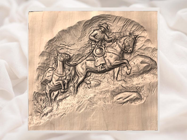 May include: Wooden relief carving of a cowboy on horseback, with another horse running nearby. The carving shows the cowboy in a hat and the horses in motion, set against a backdrop of hills and grass. The carving is detailed.