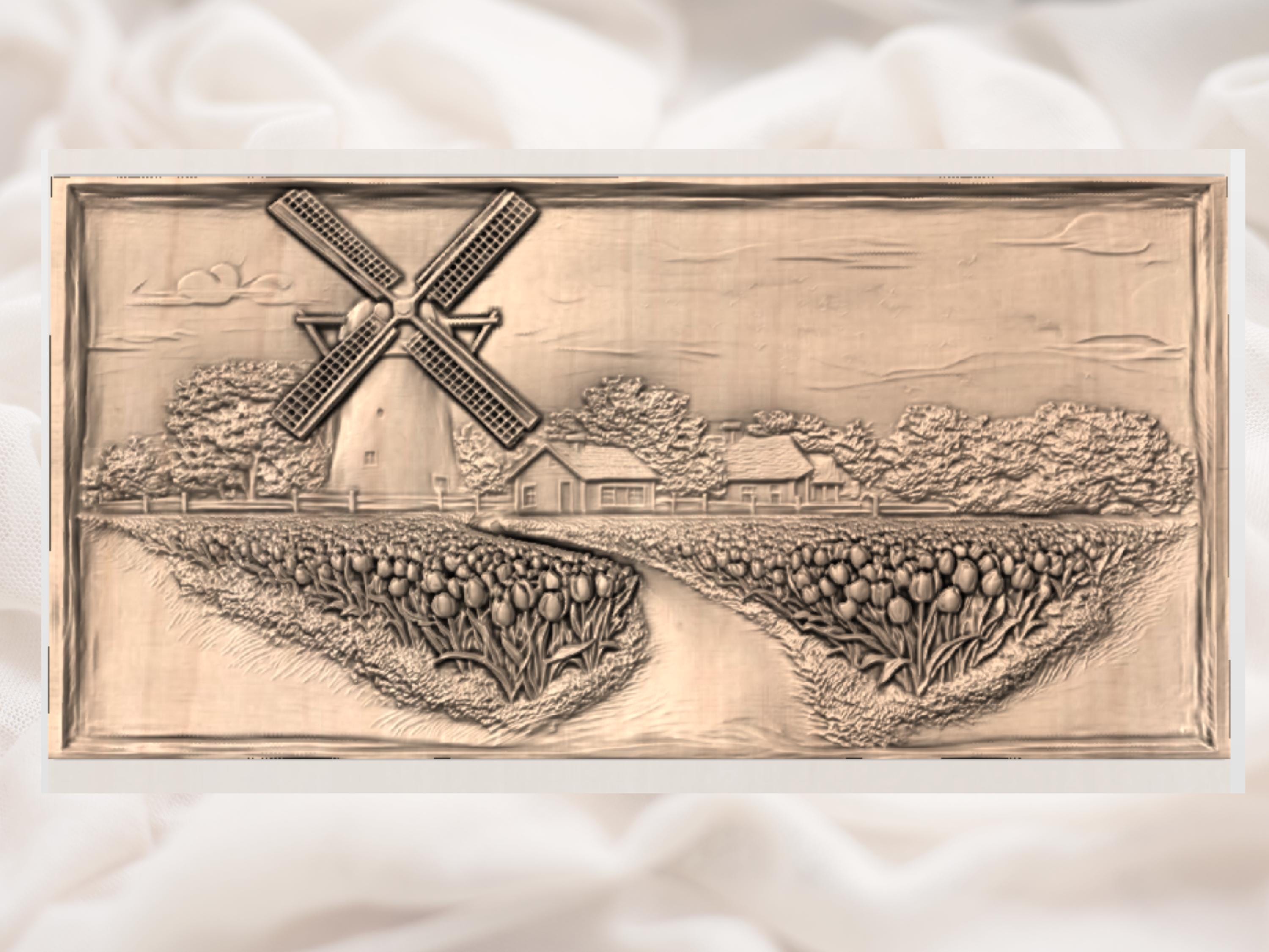 Cnc Router Windmill Sign Windmill Tulip Field 3D Relief STL | CNC Router Wood Carving File ...