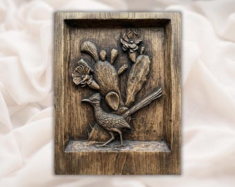 Roadrunner & Cactus 3D Relief STL | Southwestern Desert Floral Shadowbox Panel | CNC Router Carving , 3D Print, Laser Engrave | Home Decor