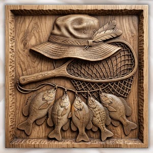 May include: A square wooden wall plaque featuring a detailed relief carving of a fishing hat with a feather, a landing net, and a string of five fish. The natural wood grain is visible throughout the entire piece, which has a textured border.