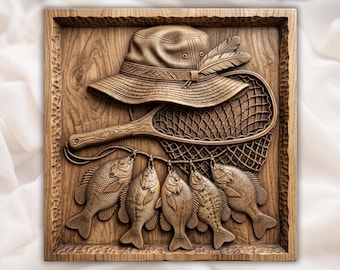 Rustic Angler Fisherman Scene with Sunfish Stringer CNC Relief STL | Fishing Cabin Wall Art Decor | Outdoorsman Wood Carving Panel