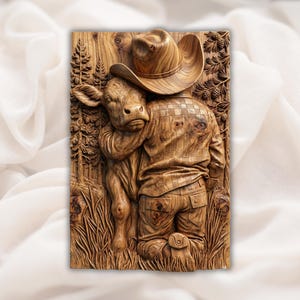 Cowboy Hugging Calf 3D Relief STL view 1