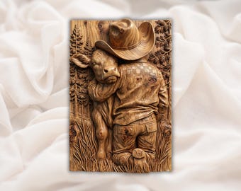 Cowboy Hugging Calf 3D Relief STL | Ranch Life Farm Scene Wall Panel | CNC Router Carving File, 3D Print, Laser Engrave  | Home Decor