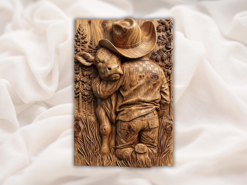 Cowboy Hugging Calf 3D Relief STL