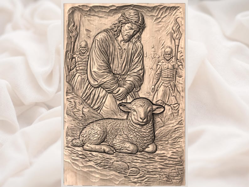 May include: A detailed relief carving depicting a religious scene. It features a central figure with a crown of thorns, accompanied by soldiers with torches, and a lamb. The artwork is rendered in shades of brown and beige.