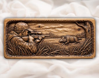 Fichier 3D Chasse au sanglier | Relief scène de chasseur | Décoration murale de cabane rustique | Oeuvre d'art d'action dans les bois | Conception de sculpture sur bois | Classeur de plaques de loge