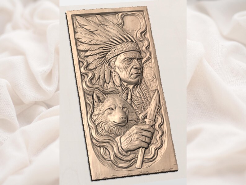 May include: A rectangular, relief carving in shades of brown depicts a Native American chief with a feathered headdress, a wolf, and a knife. The detailed carving shows the chief's face, the wolf's head, and flowing lines.