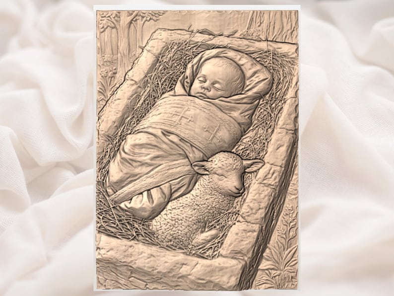 Nativity Baby Jesus 3D Relief STL for CNC Router | Sleeping Infant with Lamb Wood Carving Panel | Christian Wall Art Panel | Religious Decor image 3
