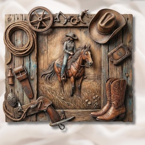 Western Cowboy Horse Collage 3D Relief STL view 1