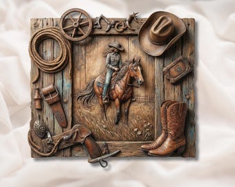 Western Cowboy Horse Collage 3D Relief STL | Rustic Ranch Gear Boots Hat Rope Wall Art | CNC Router 3D Print Laser Engrave File