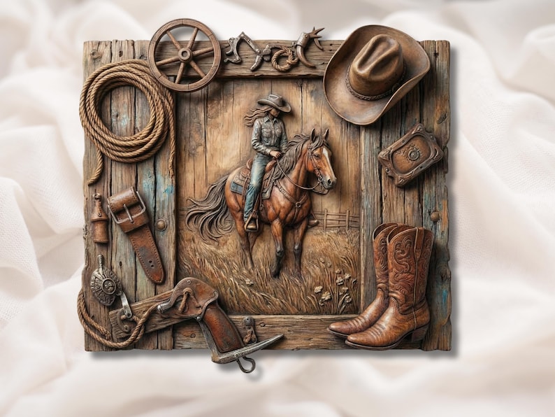 Western Cowboy Horse Collage 3D Relief STL