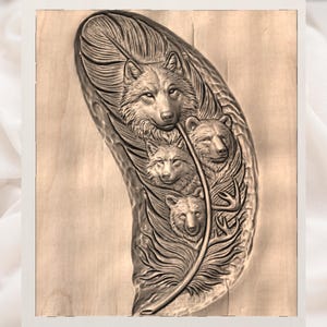 Wolf Family Feather Relief STL  CNC Router 3D Carving Model  Wildlife Spirit Animal Wood Grain Bas Relief Panel  Rustic Cabin Wall Art Decor view 3
