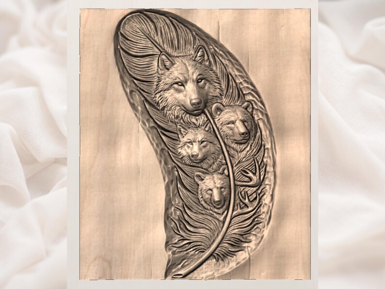 May include: A detailed wood carving of a feather with a wolf and two bears. The wolf is at the top, with two smaller wolves and two bears below. The carving is in shades of brown.