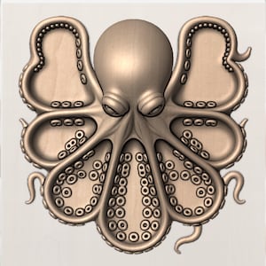 Puede incluir: Representaci&oacute;n tridimensional detallada de un pulpo. La escultura es de color marr&oacute;n claro, con intrincados detalles en los tent&aacute;culos y el cuerpo. El pulpo est&aacute; centrado, con sus tent&aacute;culos extendidos, mostrando las ventosas.