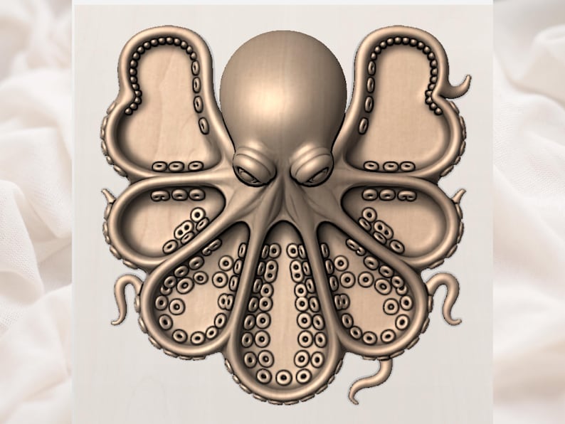 Puede incluir: Representaci&oacute;n tridimensional detallada de un pulpo. La escultura es de color marr&oacute;n claro, con intrincados detalles en los tent&aacute;culos y el cuerpo. El pulpo est&aacute; centrado, con sus tent&aacute;culos extendidos, mostrando las ventosas.