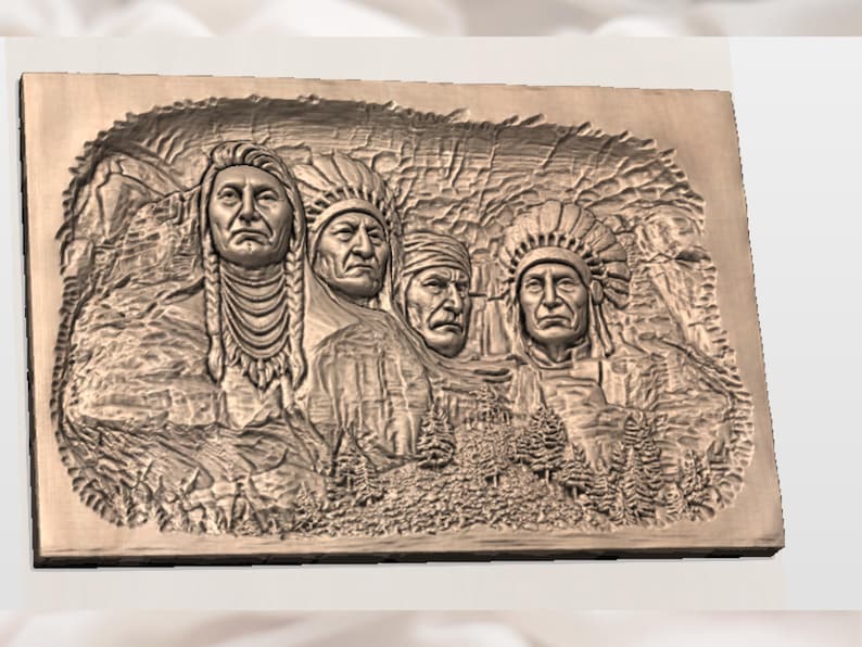 May include: A wooden relief carving featuring four Native American figures in profile. The carving is detailed, showing facial features, headdresses, and clothing. The background includes a mountain landscape and trees. The overall colour is a warm, natural wood tone.