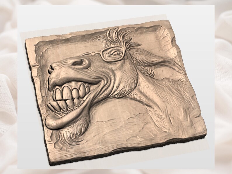 May include: A carved wooden plaque featuring a grinning horse head wearing glasses. The horse's teeth are visible, and the carving has a rustic, textured appearance. The artwork is a light brown color.
