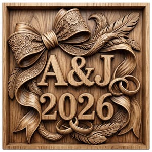 May include: A square wooden wall plaque featuring a carved relief design of a large ribbon bow with floral patterns, feathers, and two interlocking rings. The center displays the carved letters A & J above the year 2026 in a bold serif font.