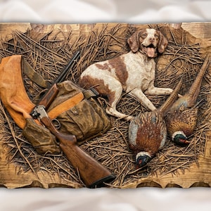 Hunting Dog & Pheasants 3D Relief STL view 1
