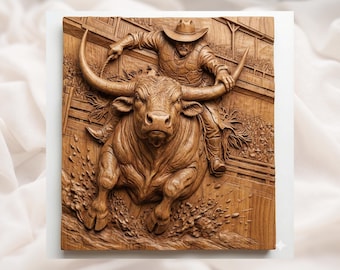 Rodeo Bull Rider 3D Relief STL | Western Cowboy Longhorn Wall Panel | CNC Router 3D Print Laser Engrave