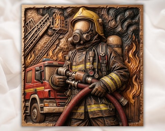 Firefighter 3D Relief STL | Fire Truck CNC Router Wood Carving Panel | First Responder Wall Art