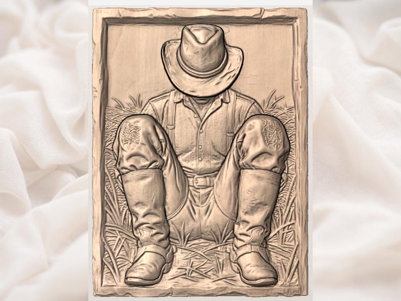 May include: A wooden relief carving depicting a person in a cowboy hat, shirt, and boots, seated in tall grass. The carving is framed and has a rustic, vintage aesthetic. The boots have a decorative emblem.